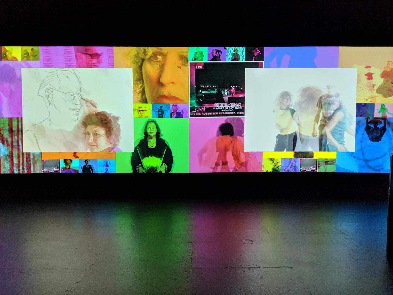 colorful video collage featuring various people's faces, a woman drawing a face, several people dancing, and a tv news broadcast of the military strike in Iraq.