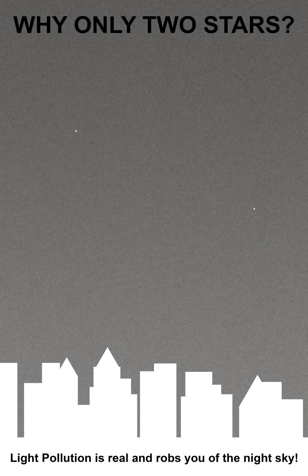 silhouette of buildings beneath a sky with two stars and the printed question 